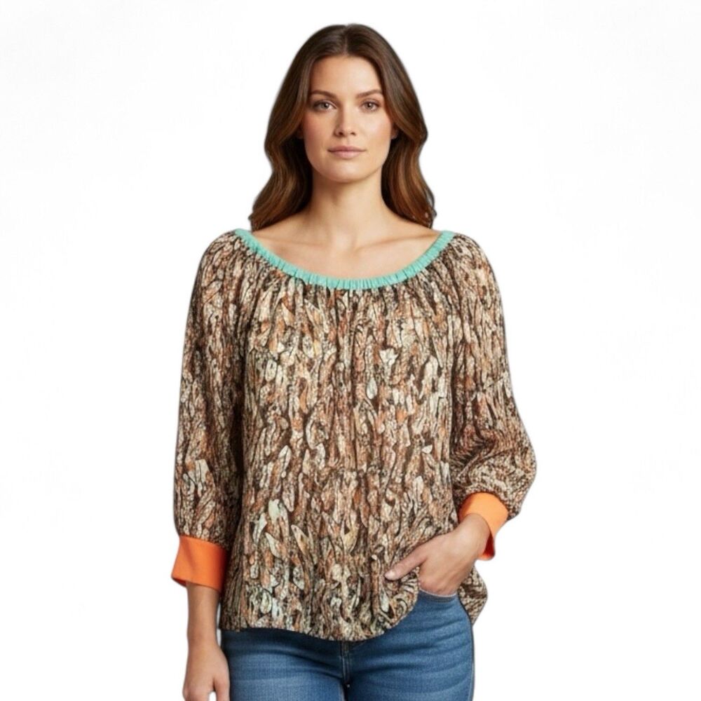 UMGEE Women’s Boho Off Shoulder Blouse Brown Orange Teal Floral Peasant Top Sm